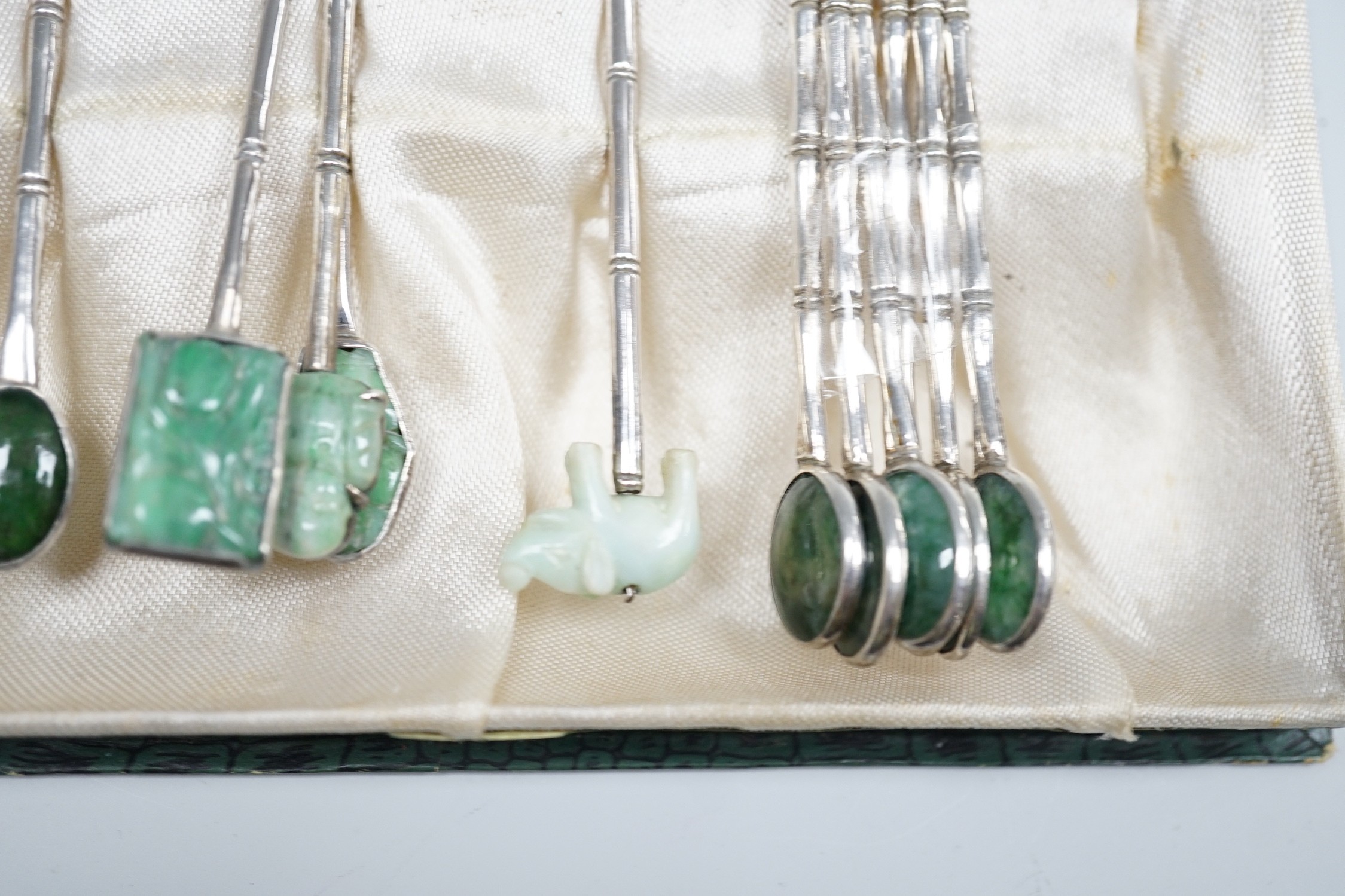 A late 19th/early 20th century Chinese Export sterling condiment by Tack Hing, Hong Kong and two sets of six Chinese white metal and jade? set coffee spoons, by Wai Kee, 83mm